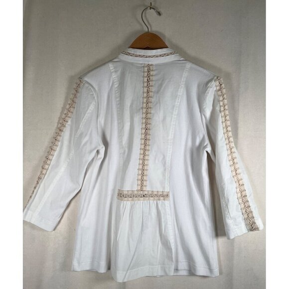 Zenergy Womens Size 0 White Zipper Jacket Top Knit insert Lace Embroidered Trim - Picture 4 of 12